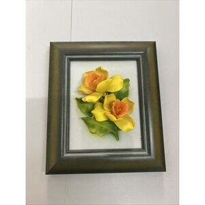 Vintage Faber Capodimonte Porcelain 3D March Daffodil Framed 7"x6" Italy COA Box